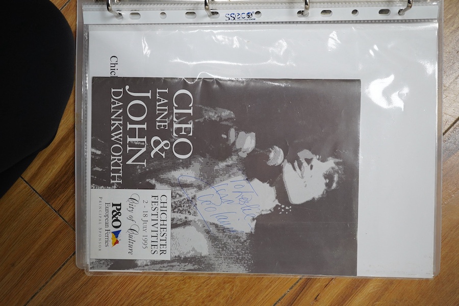 A collection of autographs, signed photos, and signed theatre programmes contained within two folders, celebrities including; Bud Flanagan, Frankie Vaughan, Herbie Hancock, Marty Wilde, Cliff Richard, Lisa Stevens, Cleo